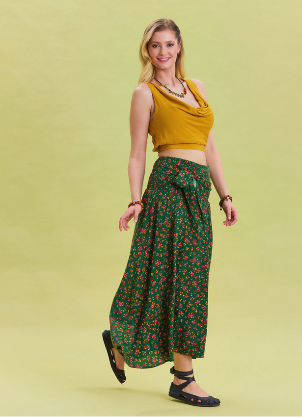 Gipe Waist Tied Green Patterned Ethnic Skirt 4501